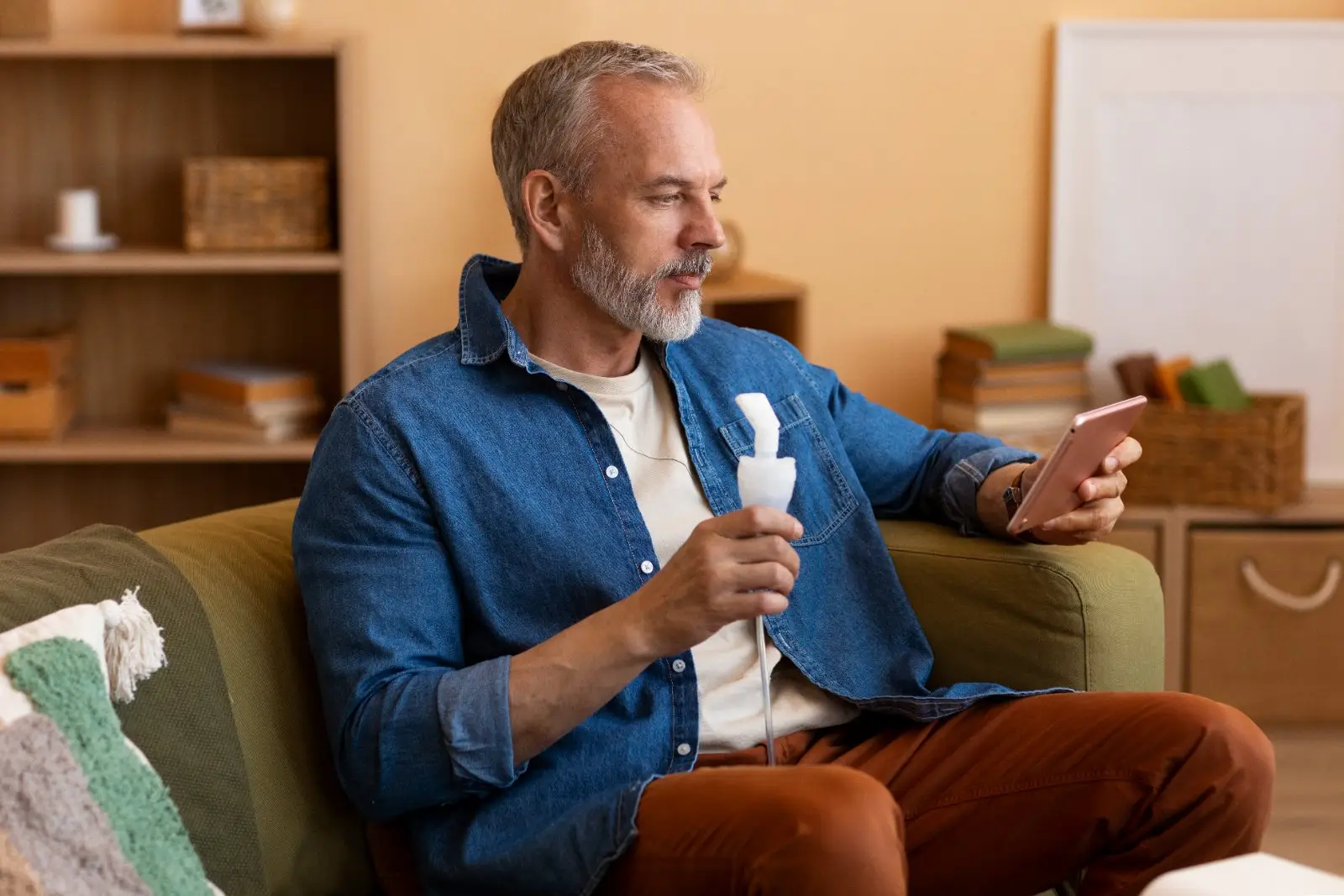 Älterer Mann inhaliert zu Hause auf dem Sofa mit einem Vernebler