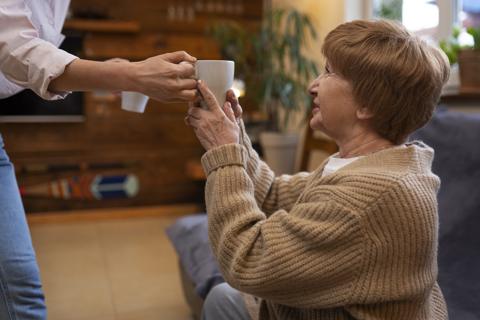 Pflegekraft reicht einer älteren Frau zuhause im Wohnzimmer eine Tasse